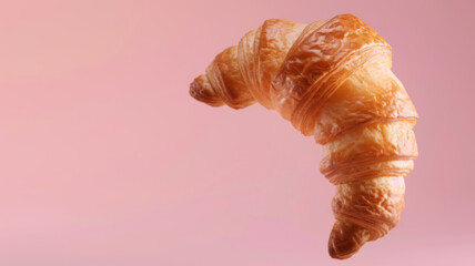 Single Croissant Levitating on Soft Pink Background