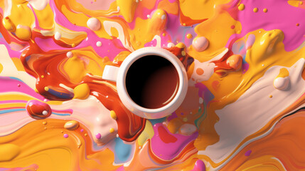 Dynamic Coffee Splash with Floating Spheres on Pink Background