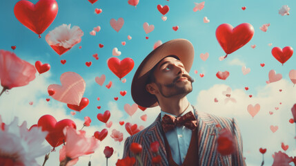 Romantic Man Surrounded by Hearts and Flowers in Dreamy Landscape