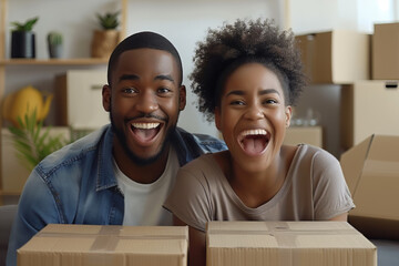 Joyful Couple Celebrating Success with Cardboard Boxes