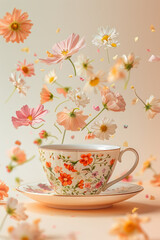 Floating Cosmos Flowers Around Vintage Floral Tea Cup