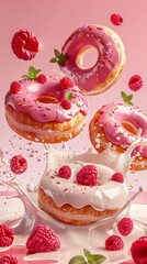 Dynamic Pink Doughnut with Raspberries Splashing