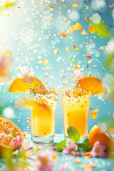 Colorful Beverage with Spring Flowers and Confetti