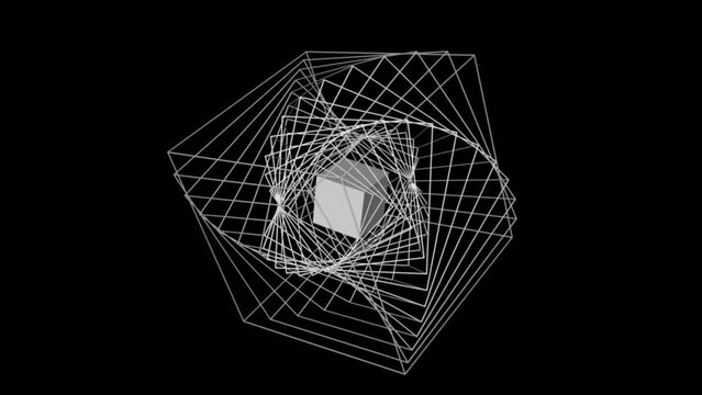 Stepwise rotation of wireframe cubes on black background. Seamless loop