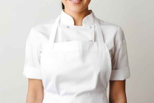 Beautiful female chef is wearing white apron for mockup