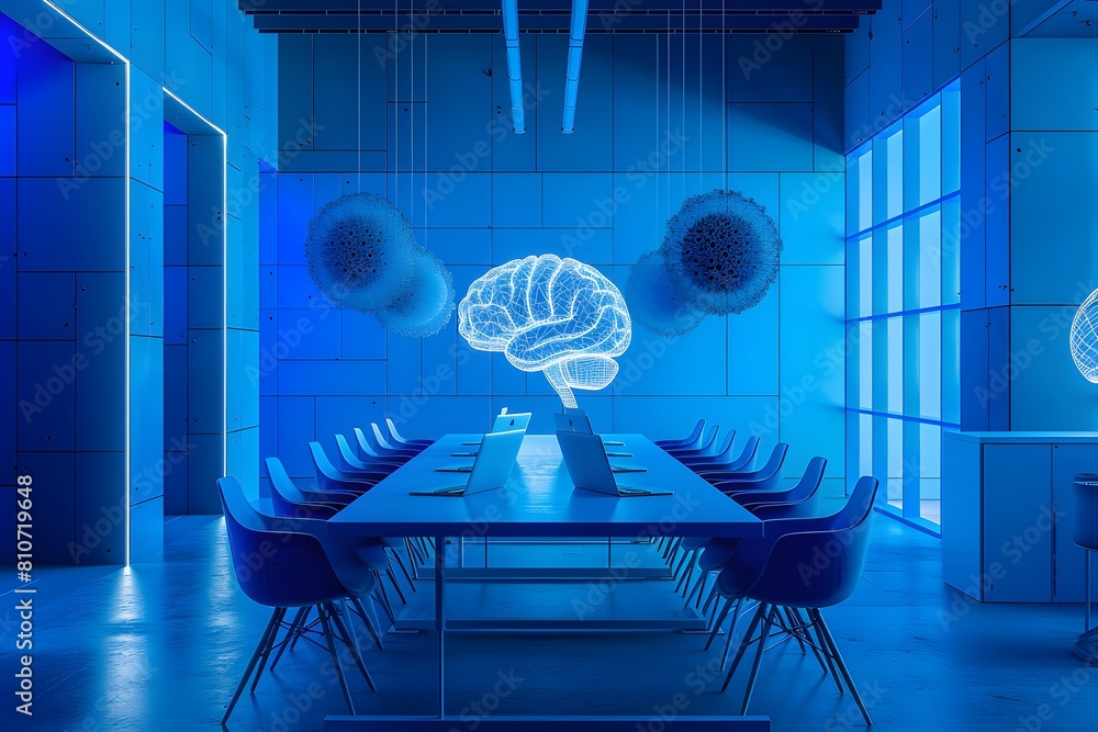 Poster a blue room with laptops and a brain-shaped structure in the center, symbolizing artificial intellig