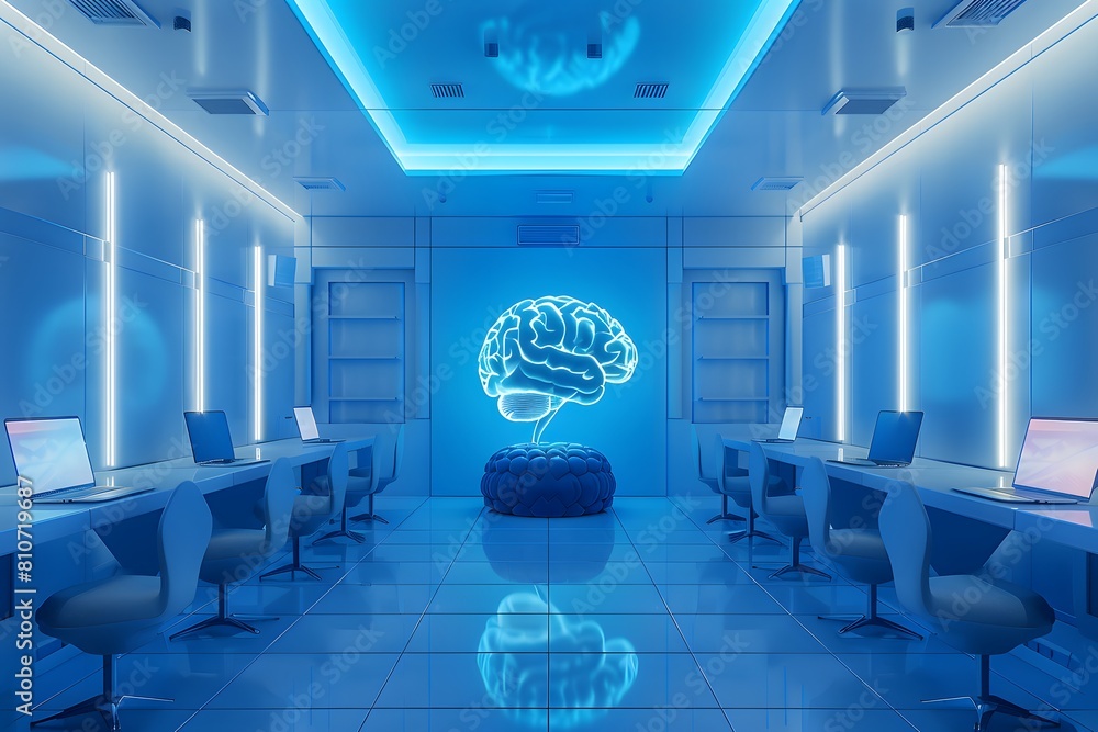 Poster a blue room with laptops and a brain-shaped structure in the center, symbolizing artificial intellig