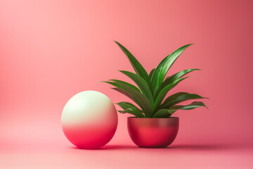Gradient Sphere and Lush Green Plant in Red Pot on Pink Surface