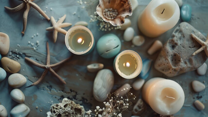 Tranquil Coastal Spa Display with Candles and Shells