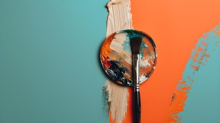 Paint and paint brush, colorful paint splatter against white background