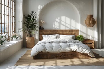Chic City Haven: A Cozy Modern Bohemian Bedroom During Morning Light - obrazy, fototapety, plakaty