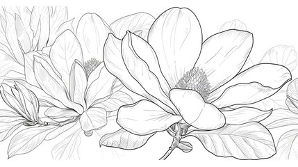 coloring book Black and white image of a magnolia flower.