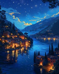 Fototapeta premium panoramic night scene with traditional art medium, showcasing a tranquil starlit sky overlooking a serene lakeside town, capturing intricate details like twinkling lights and reflections