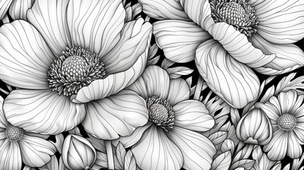 coloring book Black and white image of anemone flowers.