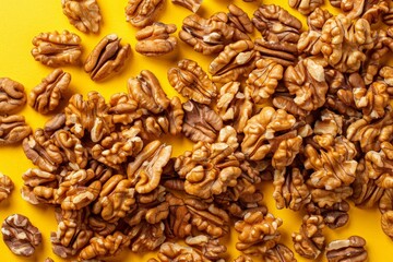Obraz premium Scattered walnuts on a vibrant yellow background