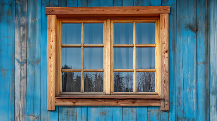 there is a window with a wooden frame and a blue wall