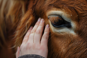 Close up image of person interacting with animal made by generative ai concept