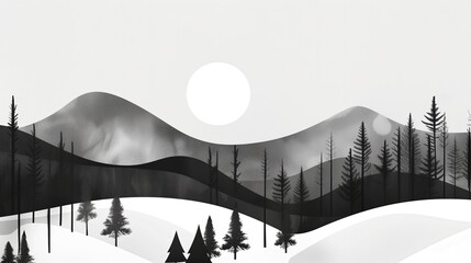 Czarno-biały pejzaż przedstawiający drzewa i góry. Drzewa stojące na pierwszym planie, a w tle góry