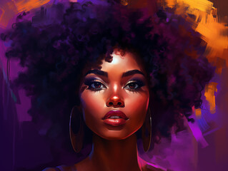painting of a woman with a large afro with a purple background