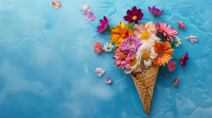 there is a ice cream cone with flowers on a blue surface