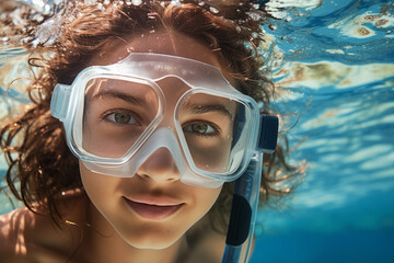 Fototapeta premium AI generated close up photo picture of happy diver swims underwater blue day light