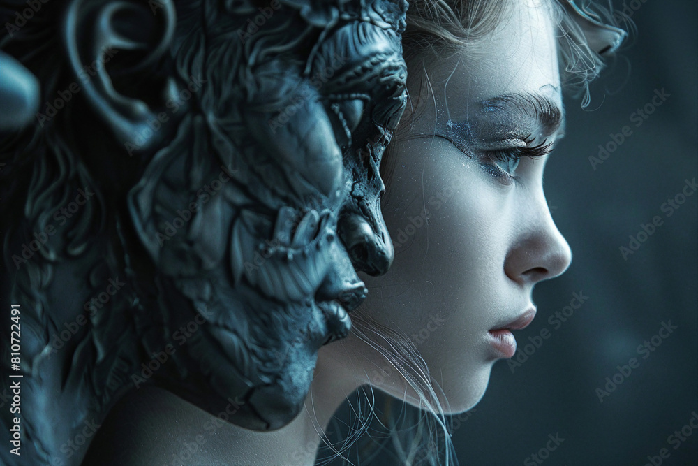 Poster generated with ai image of abstract two beautiful girls looking each other