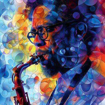 A man plays music on a saxophone in a colorful painting