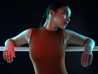 Woman, thinking and dancer in studio for ballet on dark background at stage or theater. Creative, ideas and girl in academy for performance in neon with leotard, costume and practice at bar railing