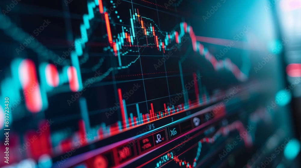 Poster detailed analysis display: investment trading metrics and trends on stock exchange market monitor - 