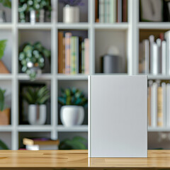Mockup of a new book with blank white cover in modern neat style on a wooden desk with a library and white bookshelves background. Square template for social media post for books and advertisement.
