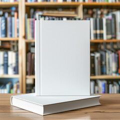 Mockup of a new book with blank white cover in modern neat style on a wooden desk with a library and wooden bookshelves background. Square template for social media post for books and advertisement.