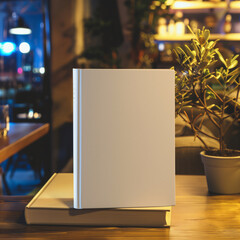 Mockup of a new book with blank white cover in modern neat style on a wooden desk in a cafe at night background. Square template for social media post for books and advertisement.