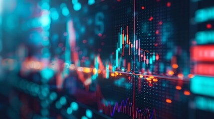Detailed analysis display: investment trading metrics and trends on stock exchange market monitor - In-depth financial data visualization