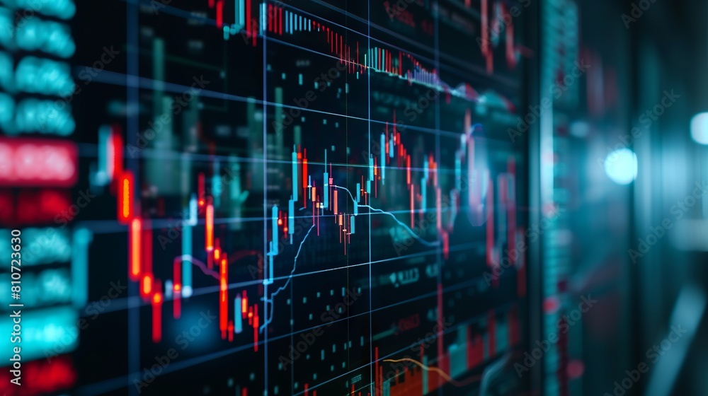 Poster detailed analysis display: investment trading metrics and trends on stock exchange market monitor - 