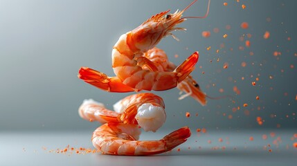 Cooked shrimp falls down from above in the advertisement image.