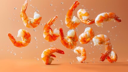 Cooked shrimp falls down from above in the advertisement image.