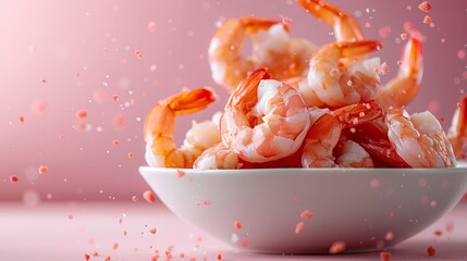 Cooked shrimp falls down from above in the advertisement image.