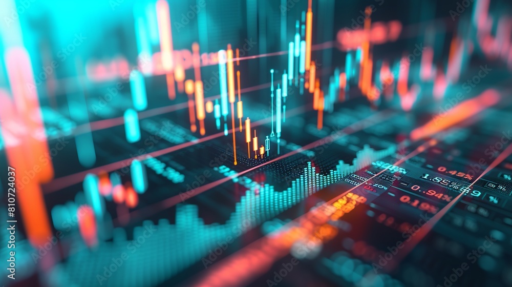Poster detailed analysis display: investment trading metrics and trends on stock market graph chart with in