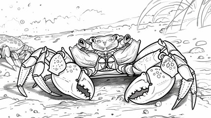 coloring book The black and white image of a crab drawn in a realistic style. - obrazy, fototapety, plakaty