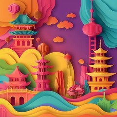 Futuristic color neon of festival in paper cut styles, crafting a colorful and textured celebration of global cultures, kawaii template sharpen with copy space