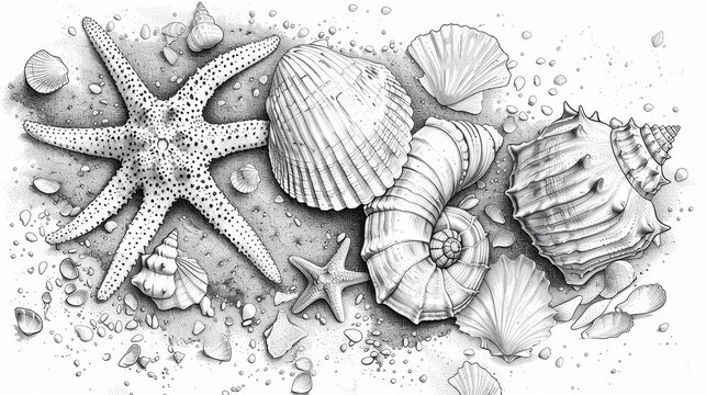 coloring book The image is a black and white drawing of a starfish and some seashells