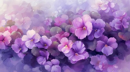 
African Violet Blooms wallpaper, with its watercolor style, showcases clusters of velvety flowers in purple, blue, and white, conjuring cozy windowsill scenes and leisurely afternoons.