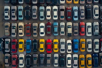 A car lot full of cars, with various colors and models parked side by side in rows. The sun is shining brightly on the parking area, casting long shadows over all vehicles. 