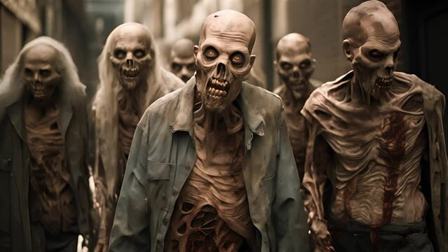 Hordes of undead, Zombie walking in the abandoned town, Beginning of the zombie apocalypse, Zombie crowd walking	