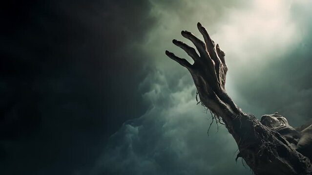 The hand of a zombie emerges from a grave in a cemetery, under the eerie night, Zombie hand emerging from the ground	