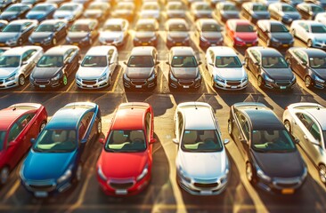 A car lot full of cars, with various colors and models parked side by side in rows. The sun is shining brightly on the parking area, casting long shadows over all vehicles. 