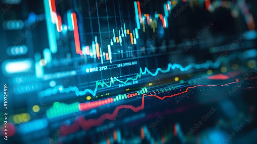 Poster detailed analysis display: investment trading metrics and trends on stock market graph chart with in