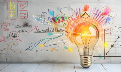 A light bulb with colorful drawings of various business ideas and data points on it, set against the backdrop of an office wall adorned with doodles related to marketing or sales. The gray concrete 