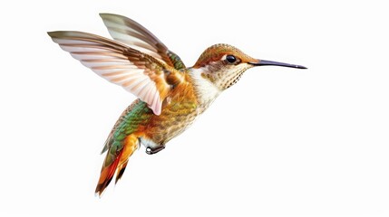 Obraz premium A tiny watercolor of a hummingbird in flight, embodying grace and speed, isolated with a white background