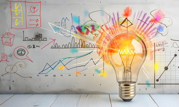 A light bulb with colorful drawings of various business ideas and data points on it, set against the backdrop of an office wall adorned with doodles related to marketing or sales. The gray concrete 